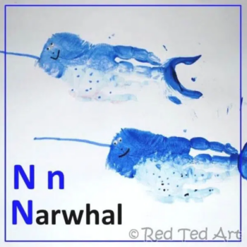 Craft of a hand print shaped like a Narwhal