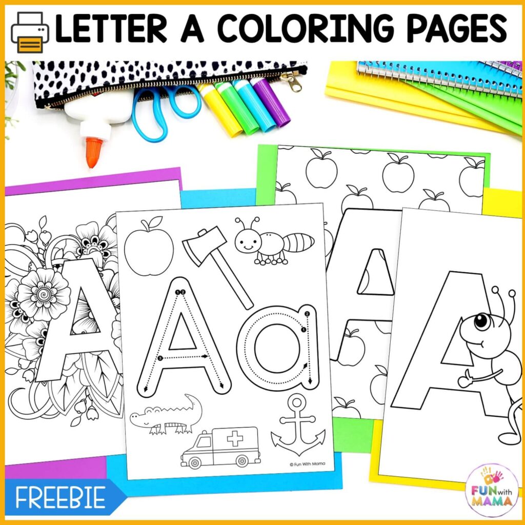 Letter A coloring pages cover page showing 4 printables