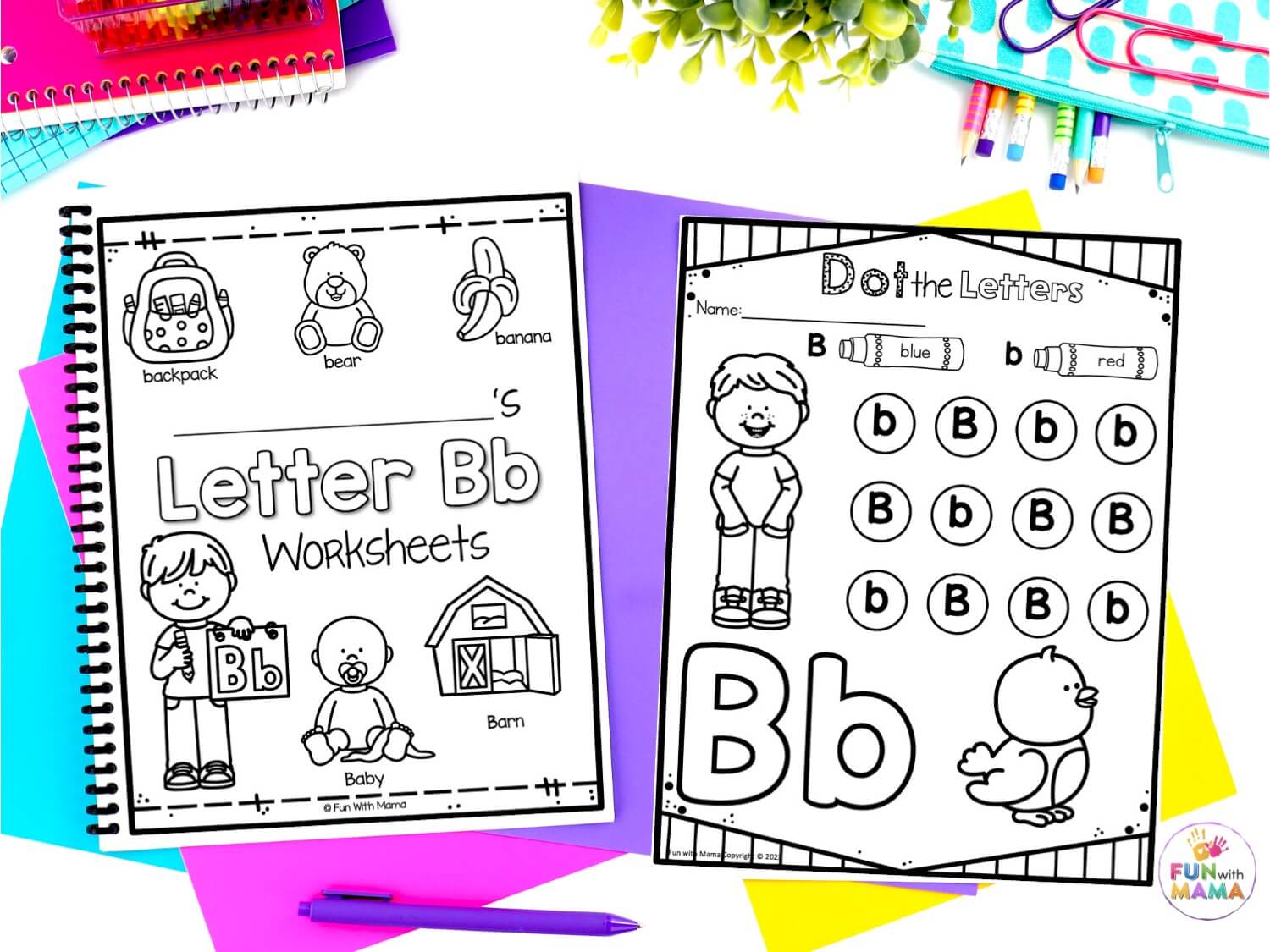 2 Worksheets with things that start with 'b' and dot the letters