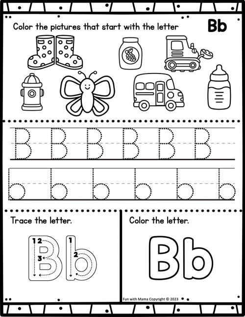 Color pictures that start with 'b', trace and color 