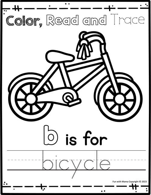 Color, read and trace, 'b is for bicycle' worksheet