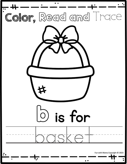 Color, read and trace, 'b is for basket' worksheet