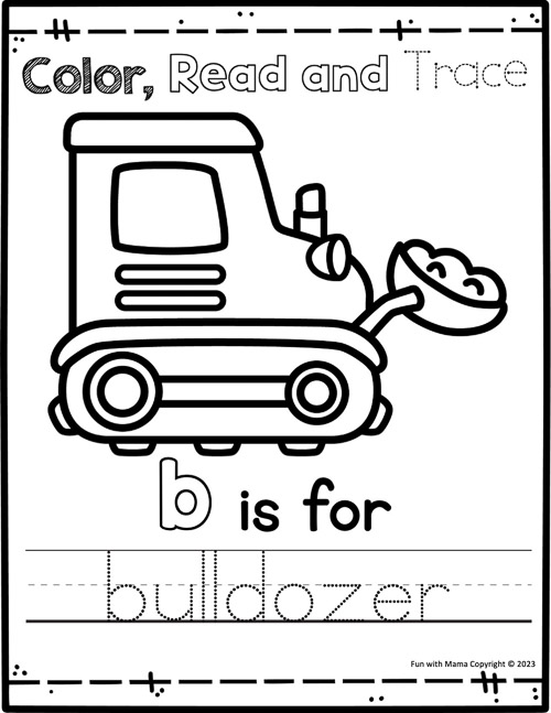 Color, read and trace, 'b is for bulldozer' worksheet