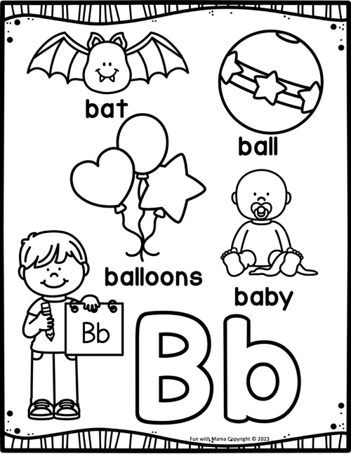 coloring page of things that start with the letter b like bat, ball, balloons, baby