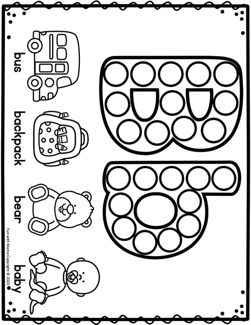 Coloring dots of uppercase and lowercase B and a bus, backpack, bear and baby