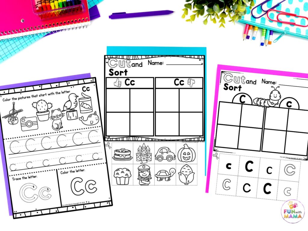 letter c worksheets, 3 different options in black and white