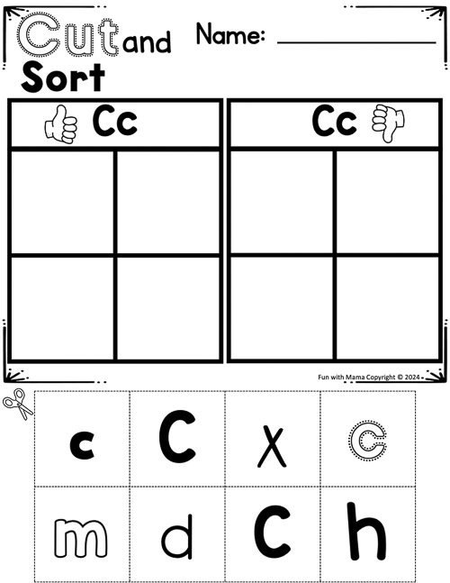 cut and sort letter c worksheet into upper and lower case