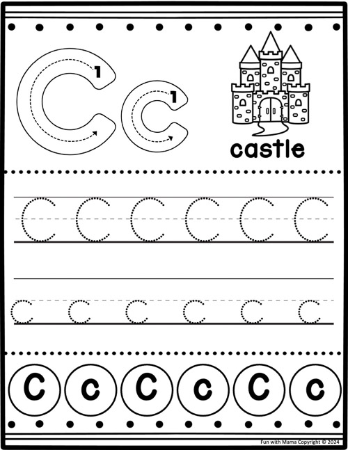 tracing practice sheet alphabet letter c 