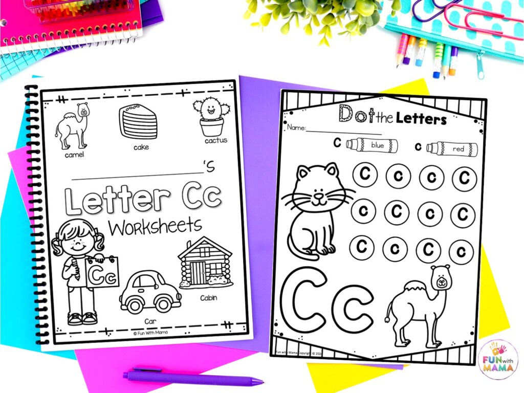 letter c worksheets cover page and dot the letters worksheet flatlay