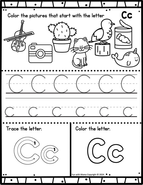 color and trace activities for letter c