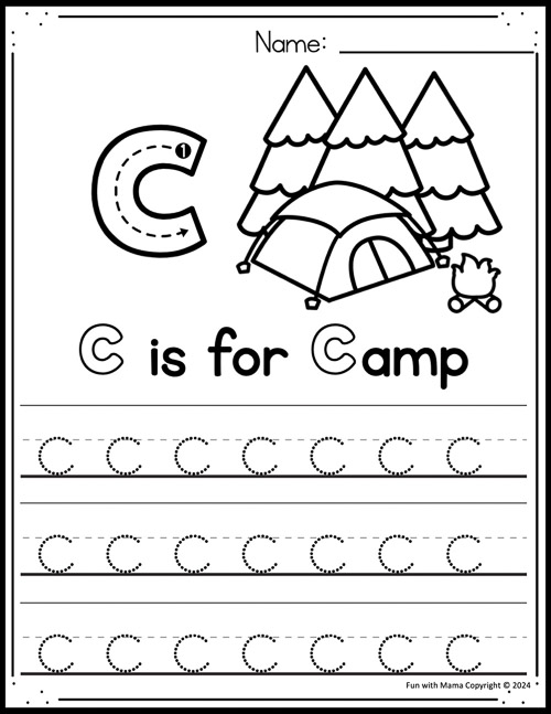 c is for camp worksheet with tracing 