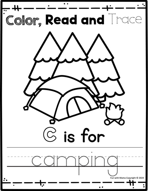 color, read and trace c is for camping