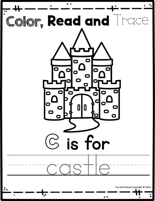 color, read and trace c is for castle