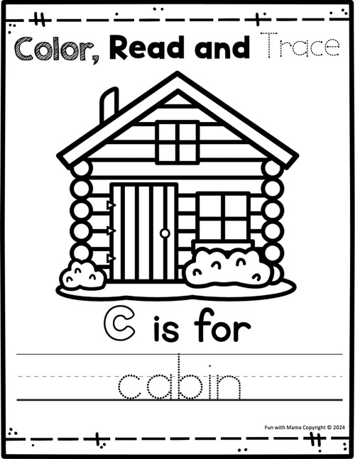 color, read and trace c is for cabin
