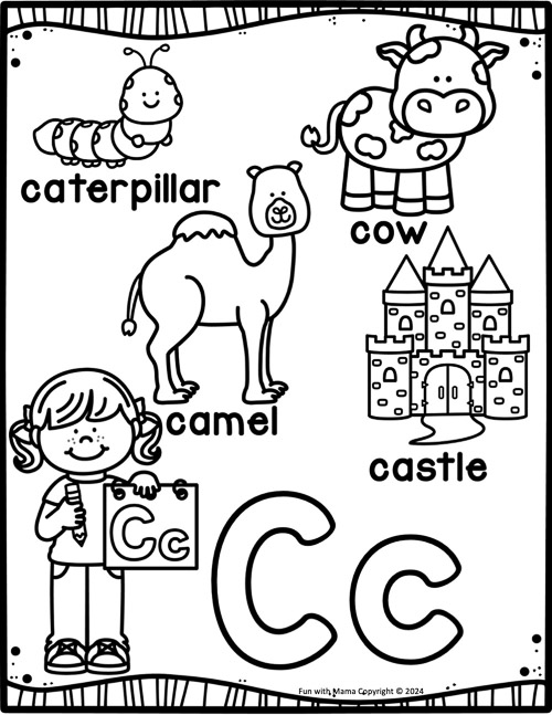 c for caterpillar, cow, camel and castle coloring page