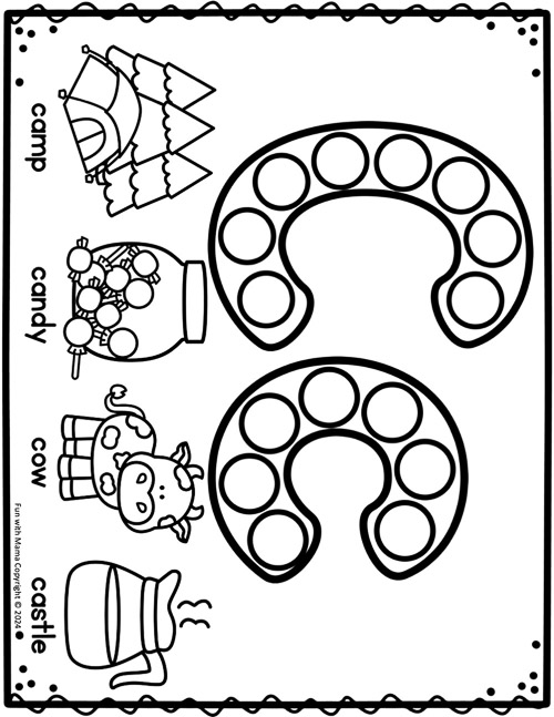 letter c dotted letters with camp, caandy, cow and castle images