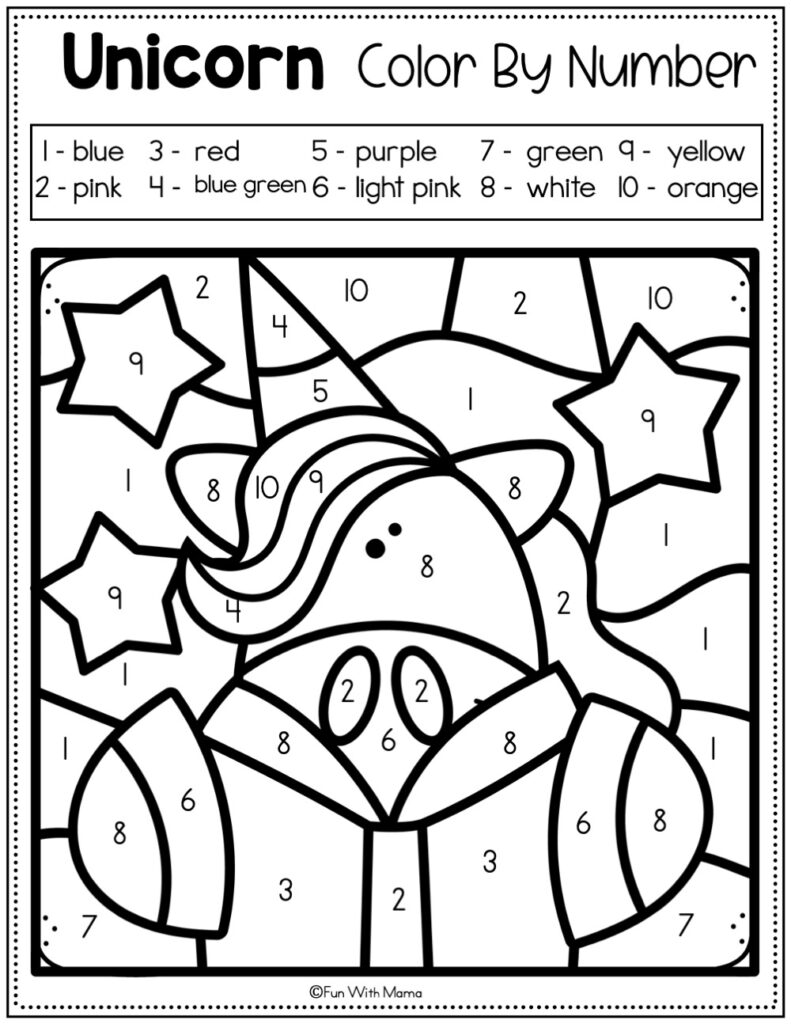 unicorn color by number worksheet