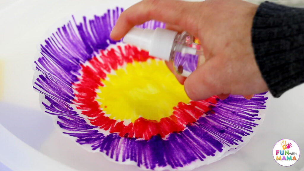 spraying coffee filter butterflies with water