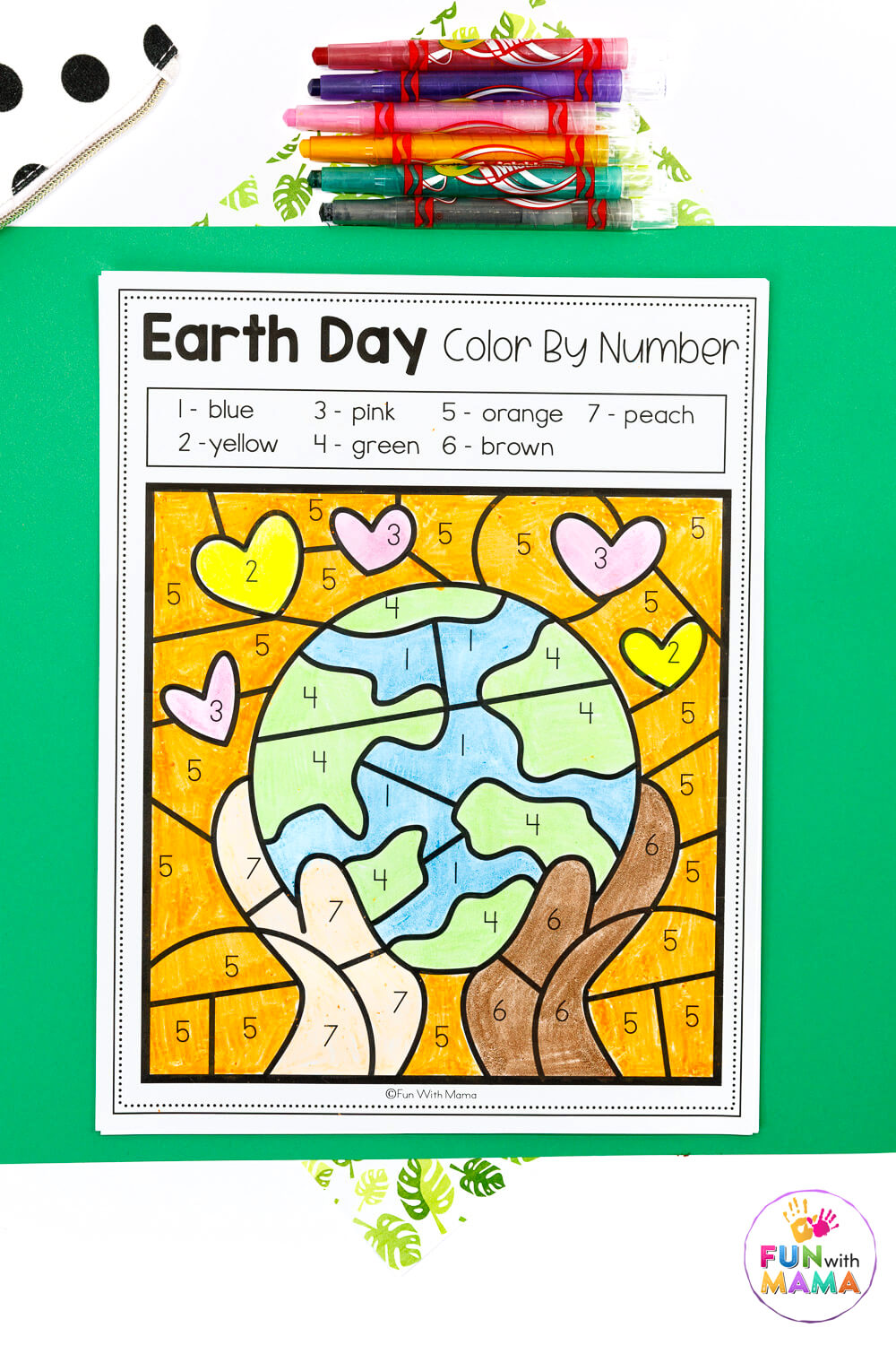 Earth day color by number earth and hands