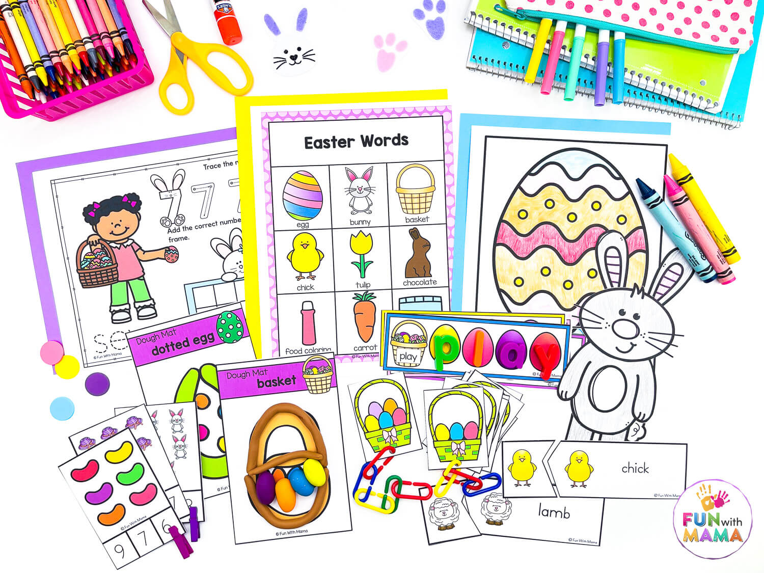 Easter activities for vocabulary words, sight words, play dough mats, coloring pages, and counting