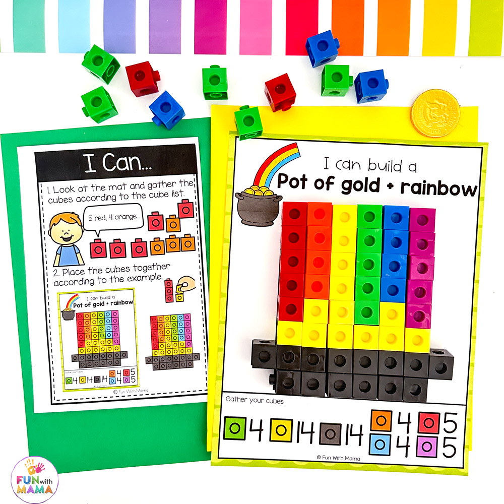 St. Patrick's Day build a rainbow with counting cubes mat
