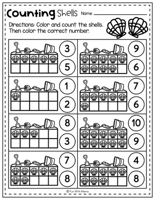 count the shells and color the number summer worksheets for kindergarten