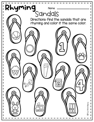 find sandals that have rhyming items and color it in