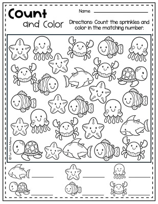 count the sea creatures and write the amount of each type