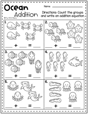count groups of sea creatures and write an equation out