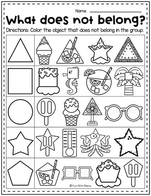 color in an object that does not belong summer worksheets for kindergarten