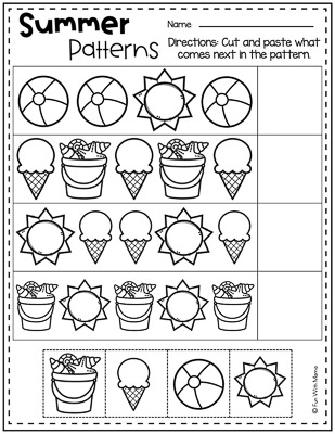 identify patterns and cut and paste the next item summer worksheets for kindergarten