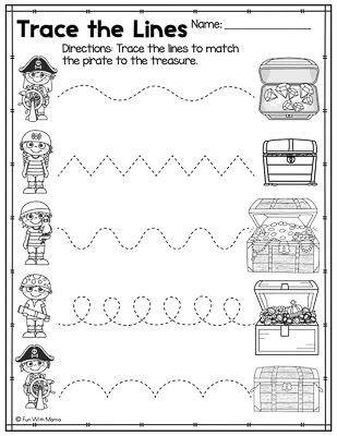 trace the lines pirate activities for preschool