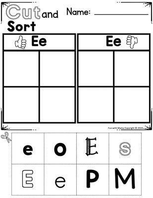cut and sort letter e pages