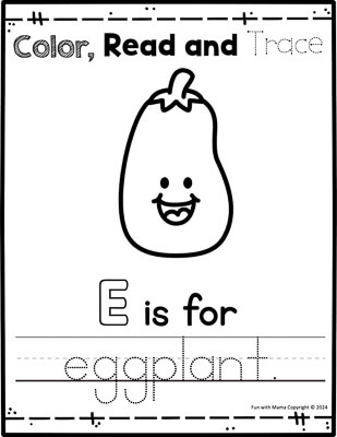 letter e worksheet for preschool e is for eggplant