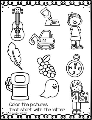 color the pictures that start with letter g