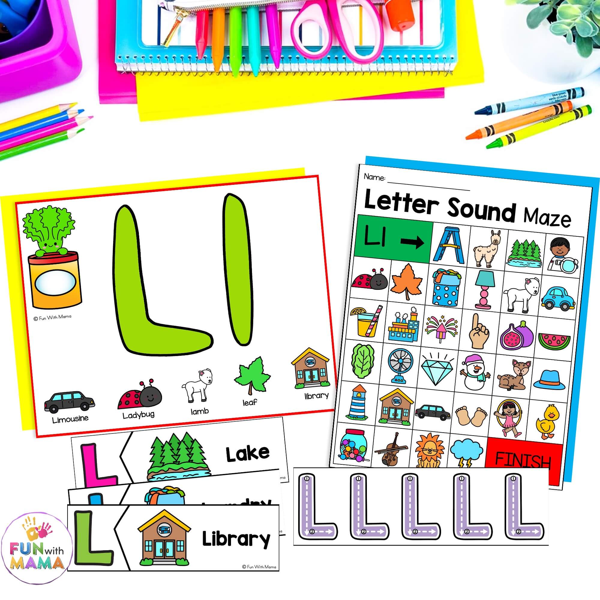 letter l activities flashcards, beginning sound maze