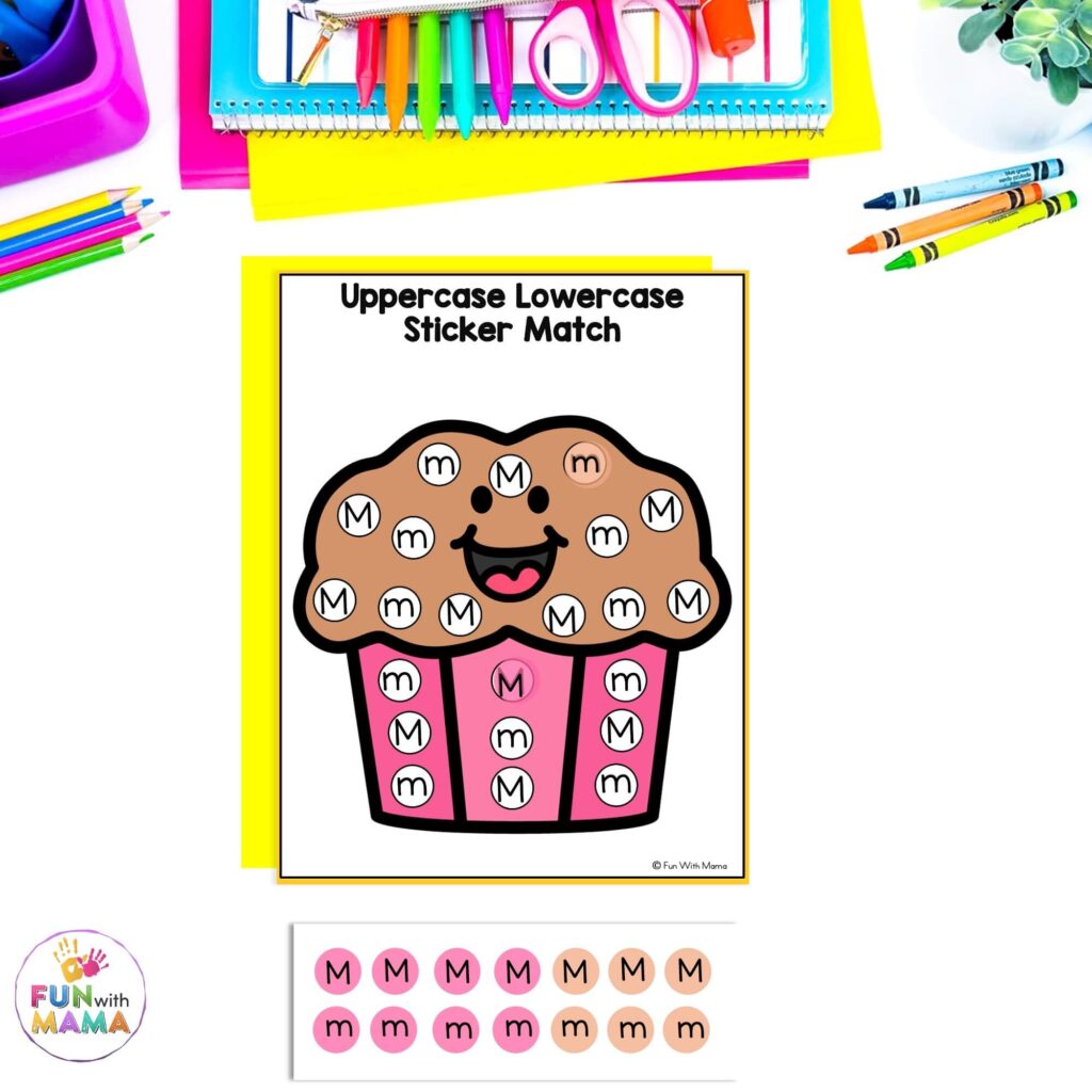 write the letter on the stickers and then complete the image
