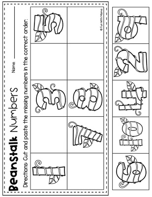 cut and paste the missing numbers  jack and the beanstalk worksheet